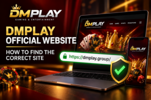DMPLAY official website guide showing dmplay.group on a laptop and smartphone with a security shield.